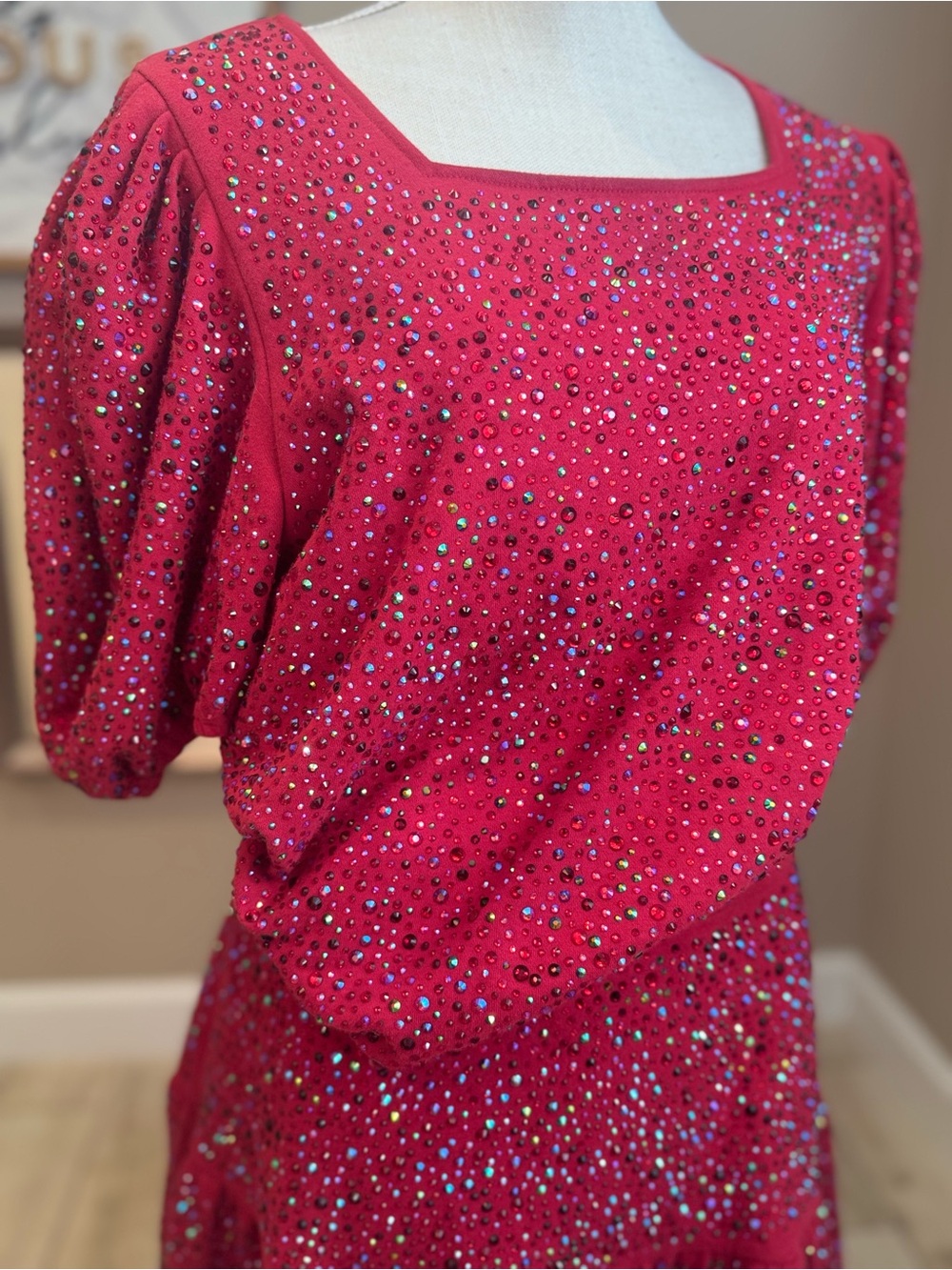 QUEEN OF SPARKLES Red Full Rhinestone Puff-Sleeve Skirt Set - Picture 5 of 12